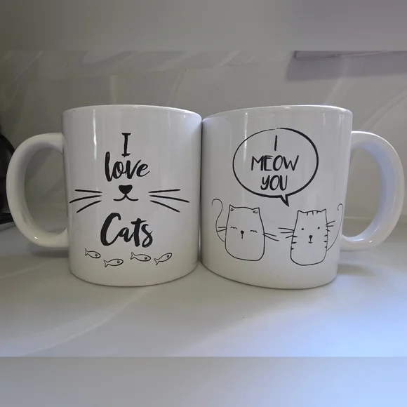 Set Of 2 White Cat Graphic Coffee Mugs - Picture 1 of 4
